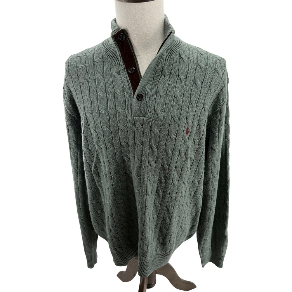 Polo Ralph‎ Lauren Cable Knit 1/4 Zip Tussah Silk Sweater Green Mens 2XL